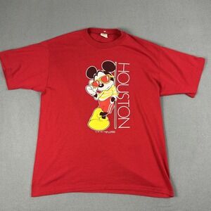Vintage Disney Mickey Mouse Houston Shirt‎ Mens XL Red Graphic Velva Sheen 90s